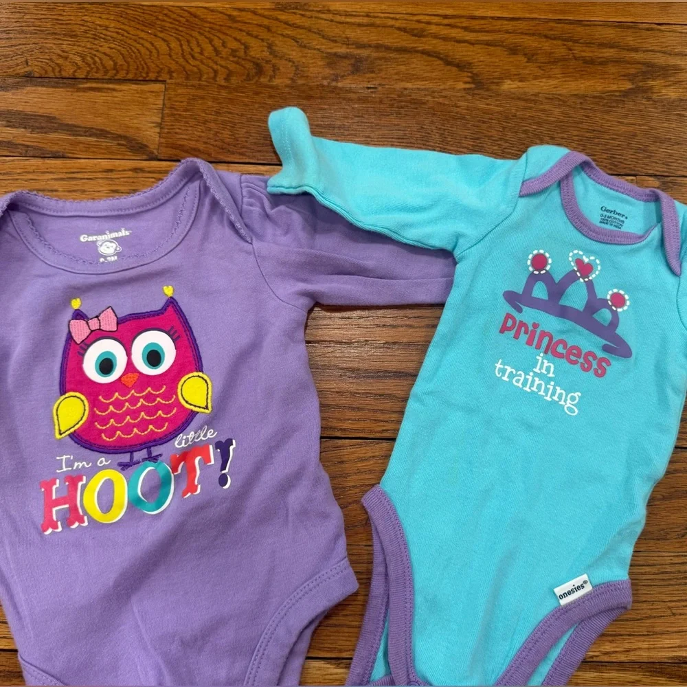 Long sleeve baby girl onesies size 0-3 months Purple and Blue Owl and Princess